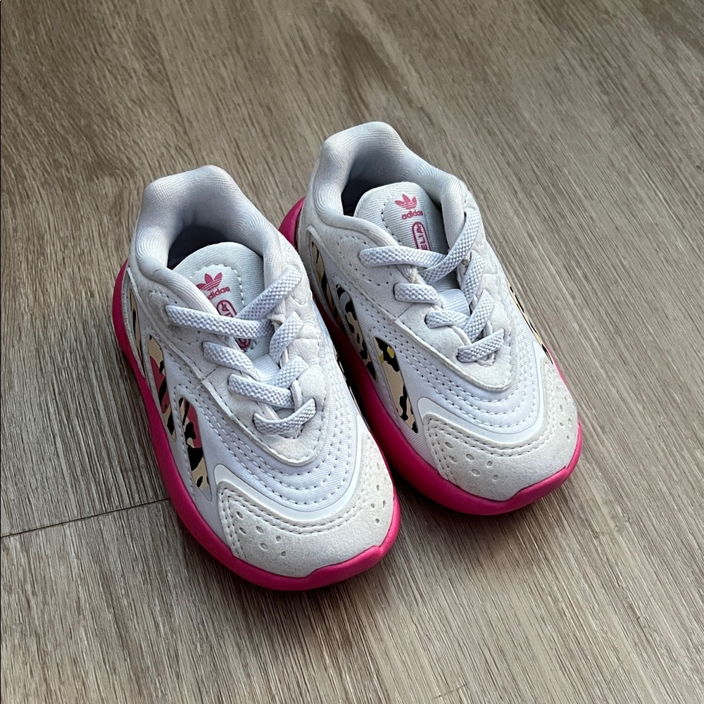 Adidas Kids White and Pink Sneakers with Leopard Print Accents